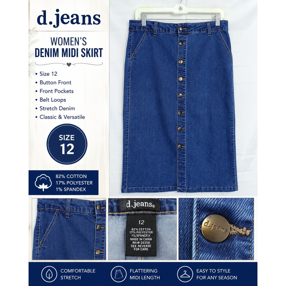 D. Jeans Women's Size 12 Blue Denim Button Front Midi Skirt Stretch Pockets